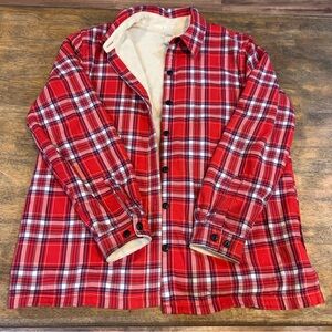 LL Bean Womens Sherpa Lined Plaid Shirt Jacket Cozy Red Shacket